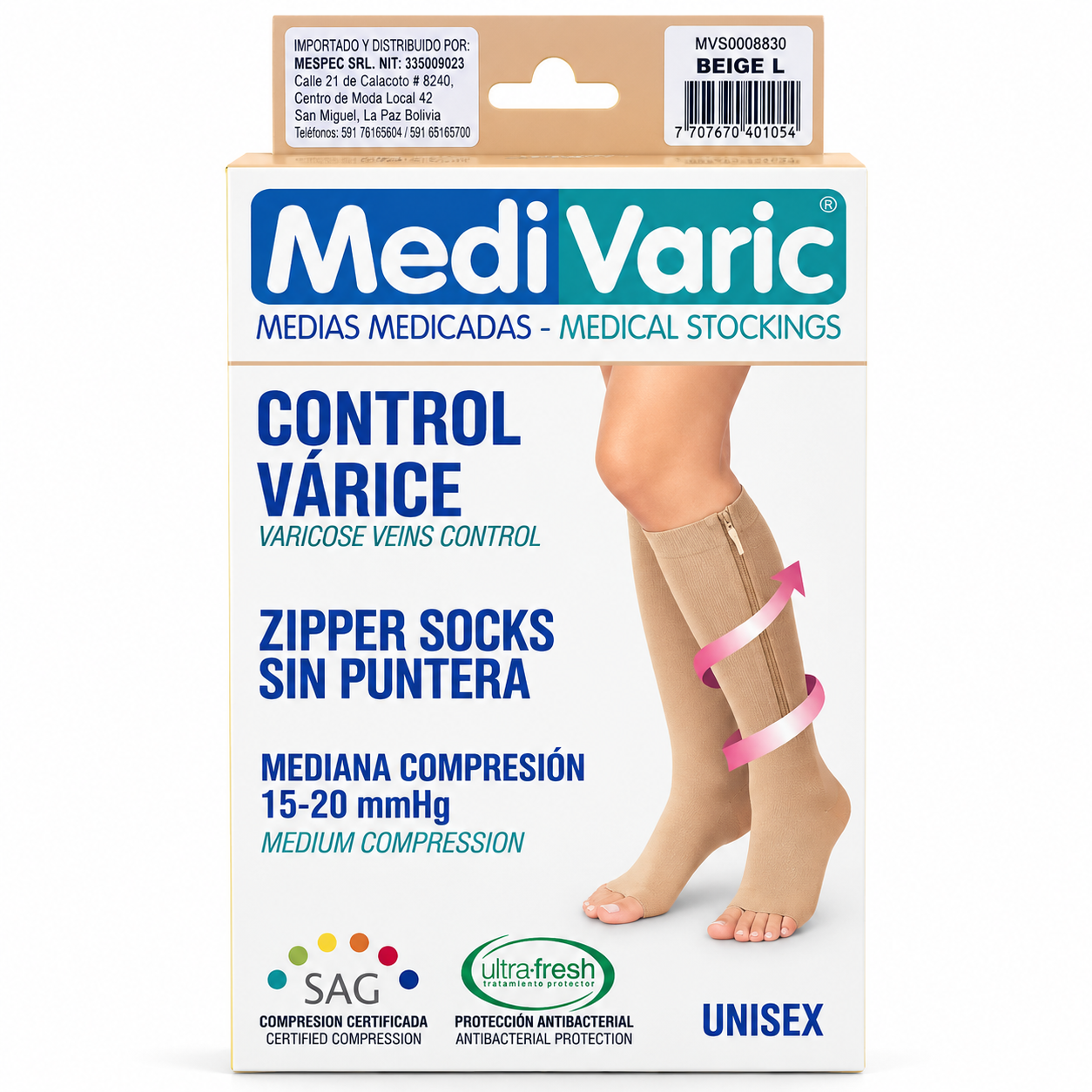 Media medicinal con cierre, punta abierta. Compresión mediana 15-20 mmHg. País de origen: Colombia.
