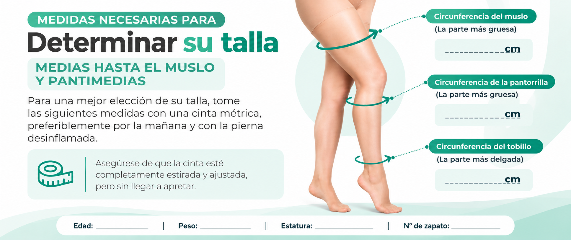 Guía ilustrada para medir medias de compresión AGH o panty. Incluye circunferencias del muslo, pantorrilla y tobillo; D1 identifica el tobillo y D2 la pantorrilla.